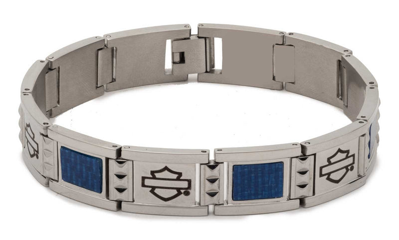Load image into Gallery viewer, Harley-Davidson® Men's Bar & Shield Blue Carbon Fiber Flex Steel Bracelet