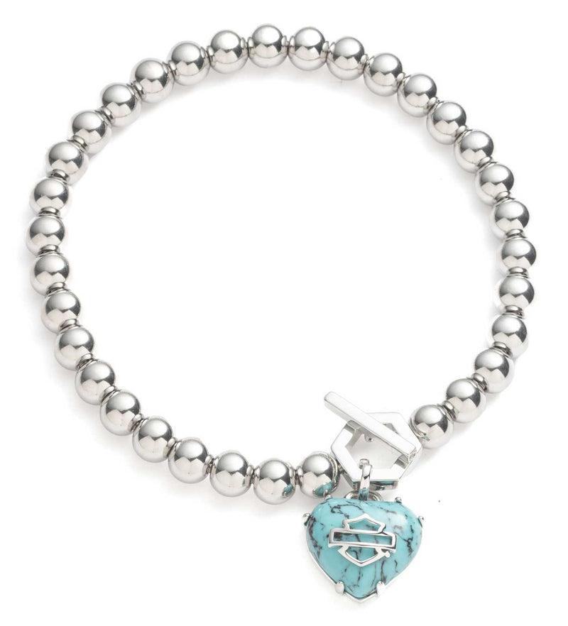 Load image into Gallery viewer, Women's B&S Heart Turquoise Stone Toggle Stretch Bead Bracelet