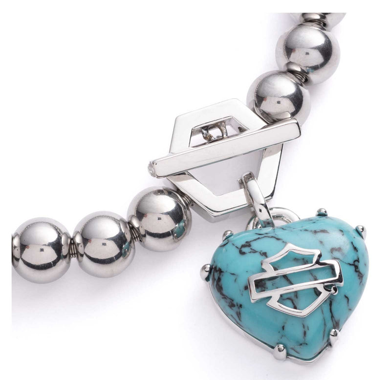 Load image into Gallery viewer, Women's B&S Heart Turquoise Stone Toggle Stretch Bead Bracelet