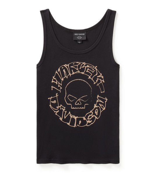 Women's Willie G Circle Skull Sketch Art Ribbed Tank - True Black