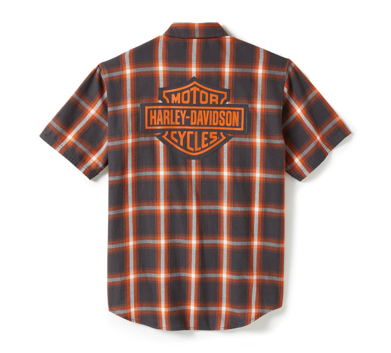 Load image into Gallery viewer, Men's Bar & Shield Staple Short Sleeve Shirt - Plaid Asphalt & Harley Orange