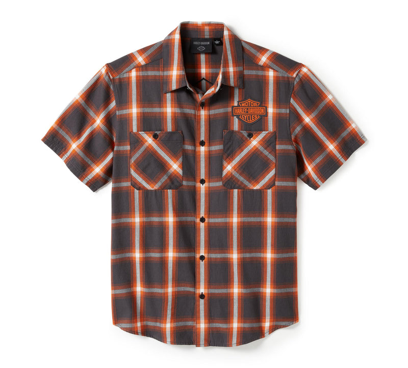 Load image into Gallery viewer, Men's Bar & Shield Staple Short Sleeve Shirt - Plaid Asphalt & Harley Orange