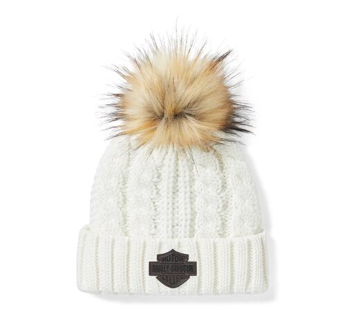 Women's Leather Patch Pom Beanie