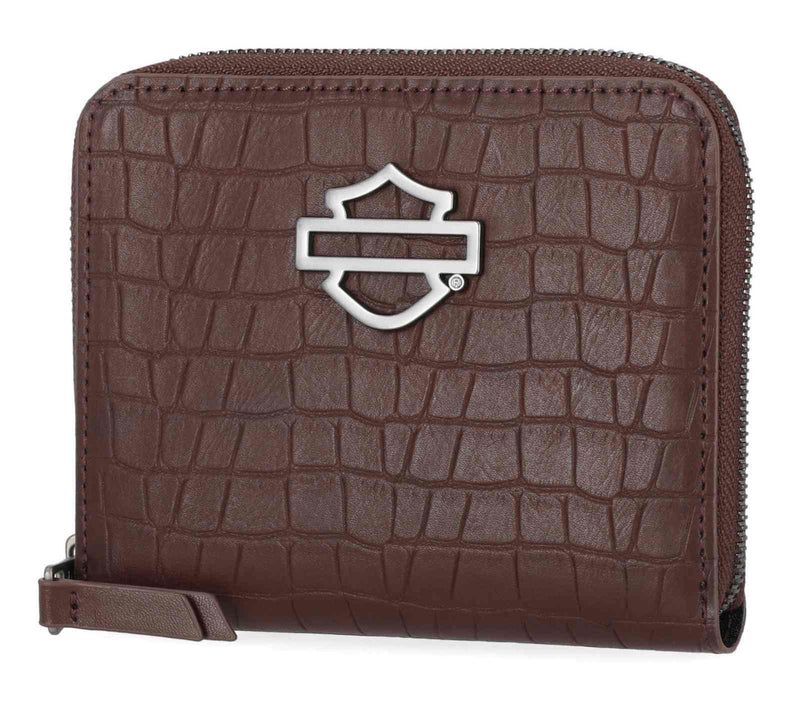 Load image into Gallery viewer, Harley-Davidson® Women's Metal Bar & Shield Croco Small Zip Around Wallet, Maroon