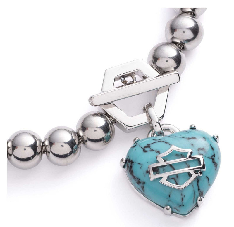 Load image into Gallery viewer, Harley-Davidson - Women's B&S Heart Turquoise Stone Toggle Stretch Bead Bracelet -