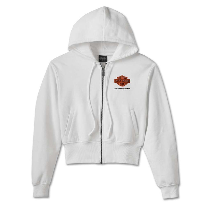 Load image into Gallery viewer, Women&#39;s 120th Anniversary Zip Front Hoodie - Bright White

