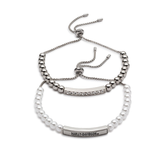 Women's Set of Two Pearl & Metal Beaded Slider Bracelets