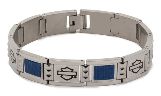 Harley-Davidson® Men's Bar & Shield Blue Carbon Fiber Flex Steel Bracelet