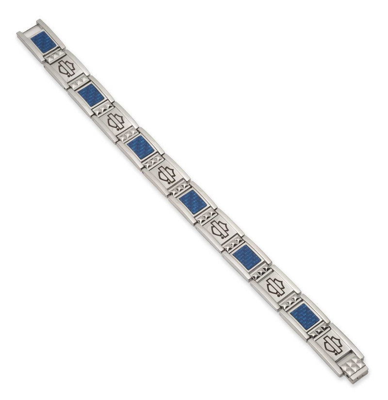 Load image into Gallery viewer, Harley-Davidson® Men's Bar &amp; Shield Blue Carbon Fiber Flex Steel Bracelet
