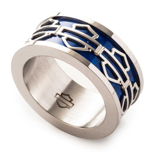 Men's Blue Bar & Shield Logo Stainless Steel Band Ring