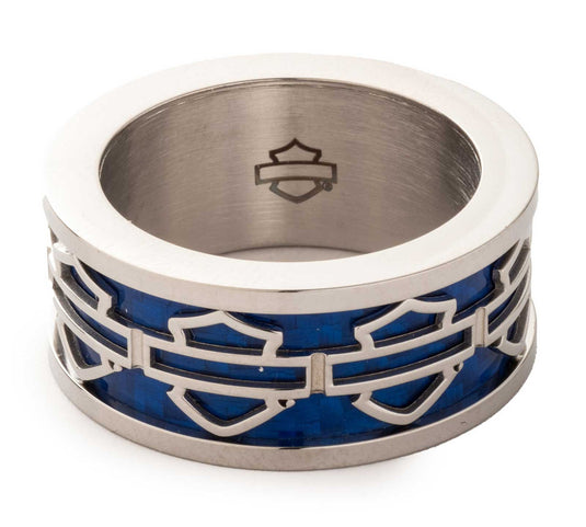 Men's Blue Bar & Shield Logo Stainless Steel Band Ring