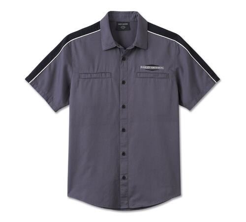 Load image into Gallery viewer, Men&#39;s Stacked Bar &amp; Shield Short Sleeve Shirt - Colorblock- Harley Black and Ombre Blue
