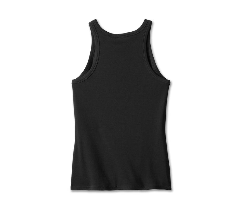 Load image into Gallery viewer, Women&#39;s Stacked Bar &amp; Shield Racerback Tank - Harley Black
