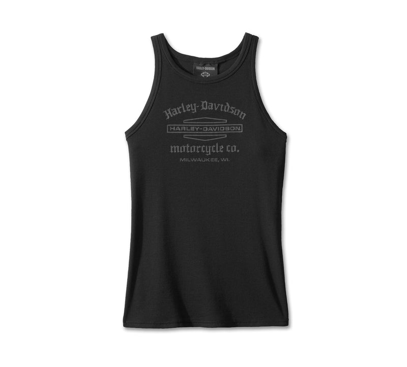Load image into Gallery viewer, Women&#39;s Stacked Bar &amp; Shield Racerback Tank - Harley Black
