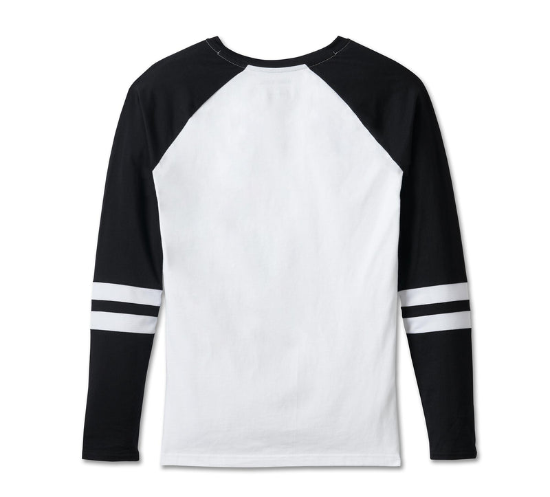 Load image into Gallery viewer, Women&#39;s First-Class Long Sleeve Raglan Top - Colorblock - Bright White &amp; Harley Black
