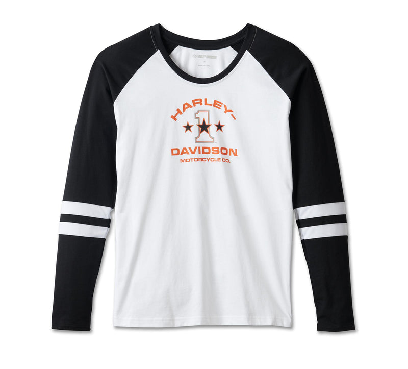 Load image into Gallery viewer, Women&#39;s First-Class Long Sleeve Raglan Top - Colorblock - Bright White &amp; Harley Black
