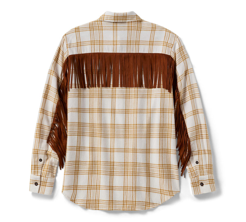 Load image into Gallery viewer, Women's Vintage Fringe Plaid Shirt - Plaid - Cloud Dancer &amp; Rustic Bronze
