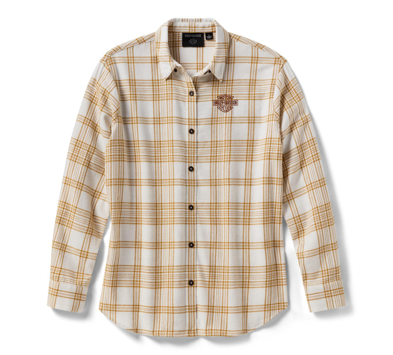Load image into Gallery viewer, Women's Vintage Fringe Plaid Shirt - Plaid - Cloud Dancer &amp; Rustic Bronze
