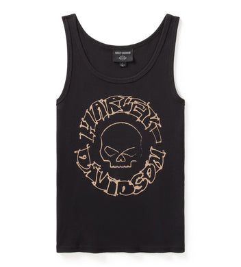 Women's Willie G Circle Skull Sketch Art Ribbed Tank - True Black