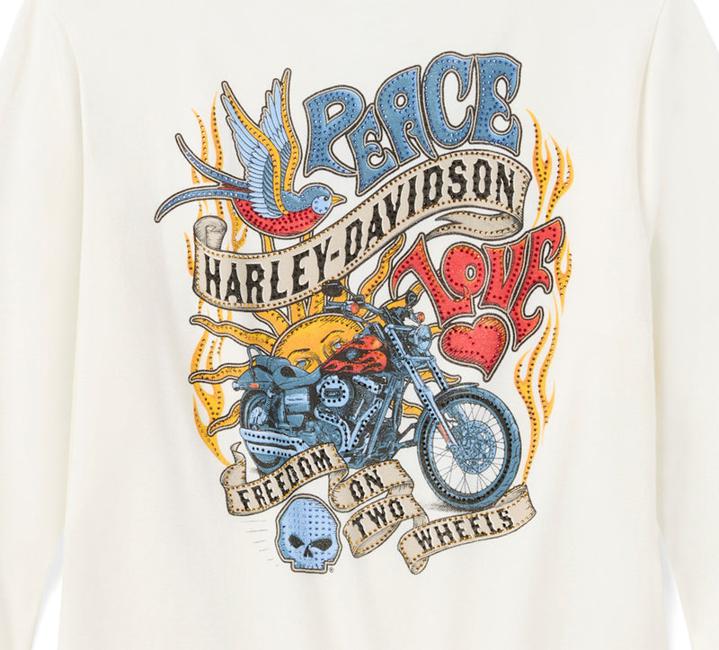 Load image into Gallery viewer, Women's Bling Freedom on Wheels Long Sleeve Rip &amp; Repair Crew Tee - Cloud Dancer
