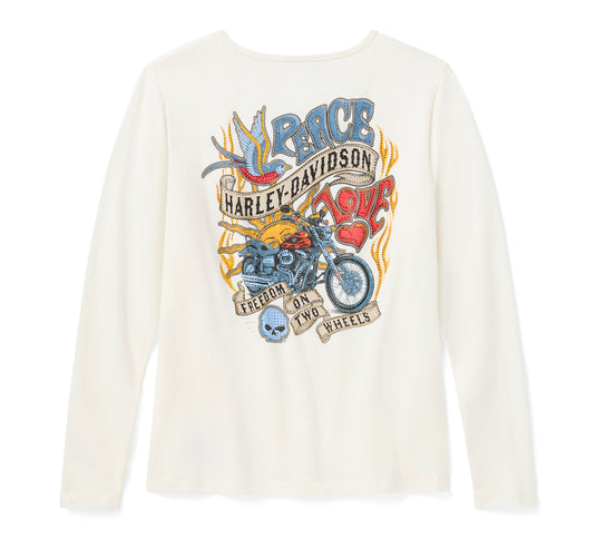 Women's Bling Freedom on Wheels Long Sleeve Rip & Repair Crew Tee - Cloud Dancer