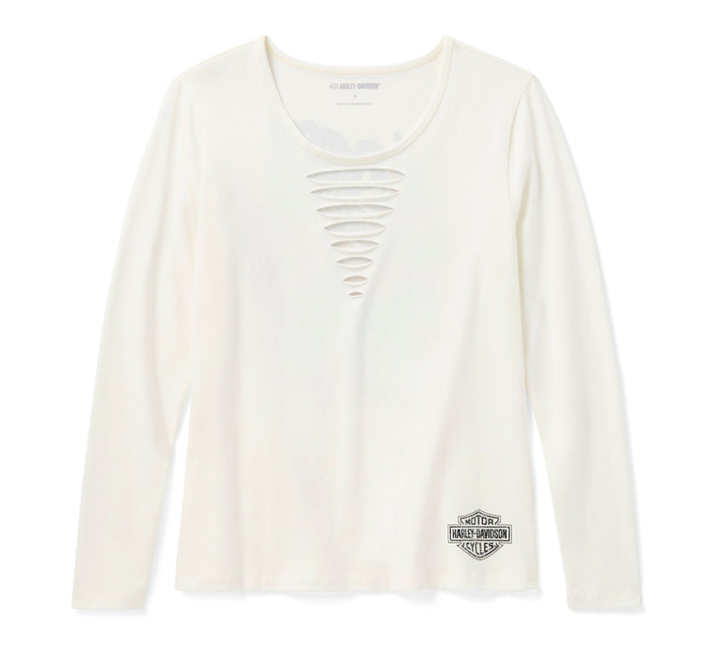 Load image into Gallery viewer, Women's Bling Freedom on Wheels Long Sleeve Rip &amp; Repair Crew Tee - Cloud Dancer
