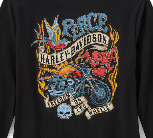 Women's Bling Freedom on Wheels Long Sleeve Rip & Repair Crew Tee - Harley Black