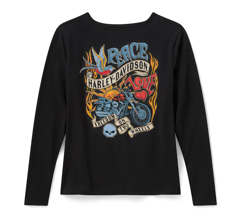 Load image into Gallery viewer, Women's Bling Freedom on Wheels Long Sleeve Rip &amp; Repair Crew Tee - Harley Black
