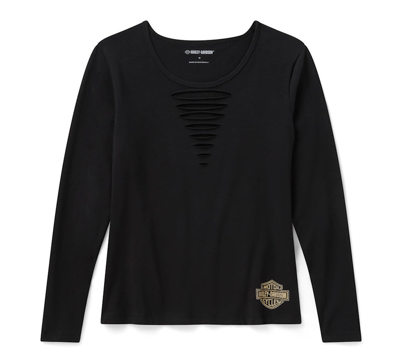 Load image into Gallery viewer, Women's Bling Freedom on Wheels Long Sleeve Rip &amp; Repair Crew Tee - Harley Black
