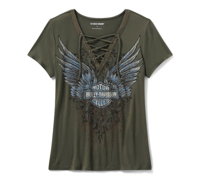 Women's Bling Dark Angel Short Sleeve Laced Front Tee - Grape Leaf