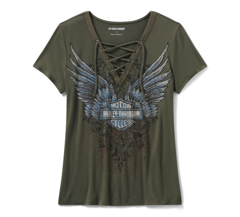 Load image into Gallery viewer, Women&#39;s Bling Dark Angel Short Sleeve Laced Front Tee - Grape Leaf
