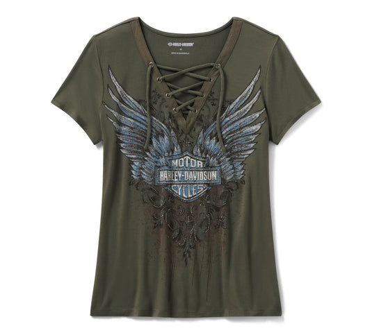 Women's Bling Dark Angel Short Sleeve Laced Front Tee - Grape Leaf