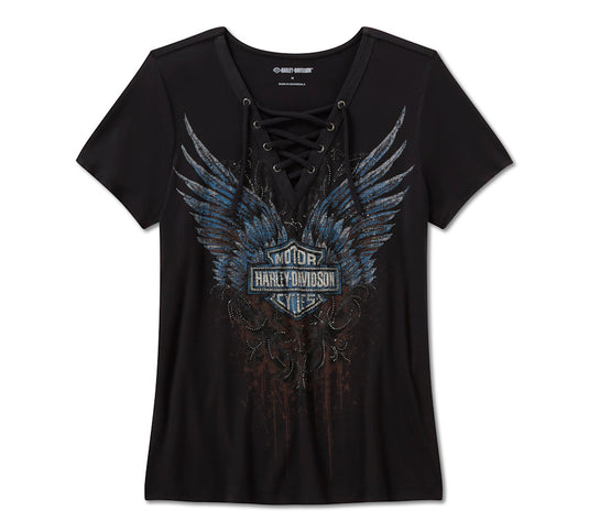 Women's Bling Dark Angel Short Sleeve Laced Front Tee