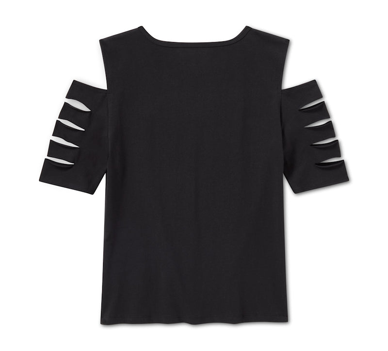 Load image into Gallery viewer, Women's Bling Rally Rip &amp; Repair Cold Shoulder V Neck Tee
