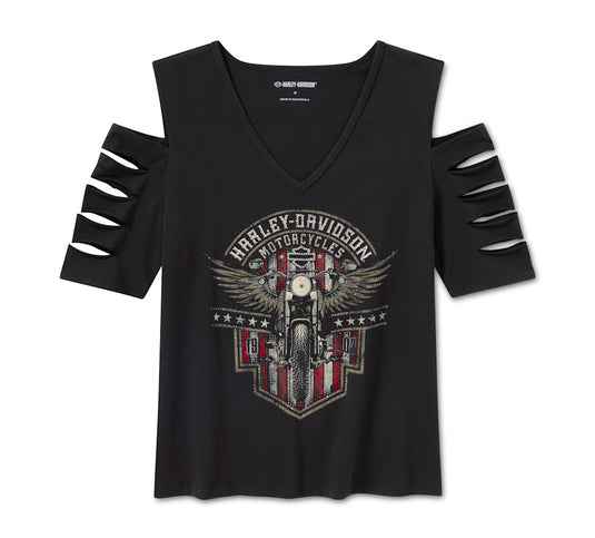 Women's Bling Rally Rip & Repair Cold Shoulder V Neck Tee