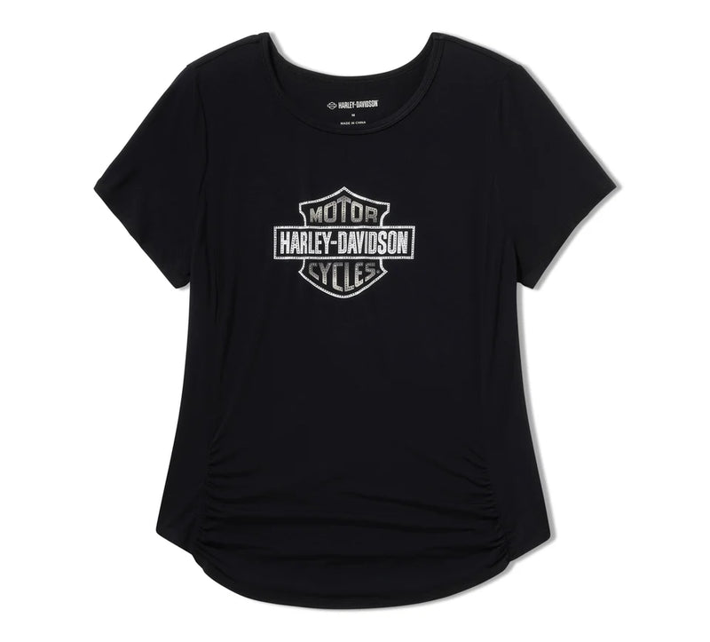 Load image into Gallery viewer, Women&#39;s Beveled Bar &amp; Shield Bling Top - Harley Black
