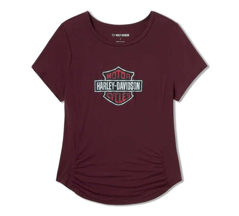 Load image into Gallery viewer, Women&#39;s Beveled Bar &amp; Shield Bling Top - Maroon Banner
