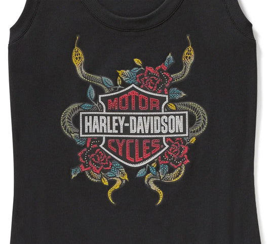 Women's Serpent Rose Bling Ribbed Tank - Harley Black