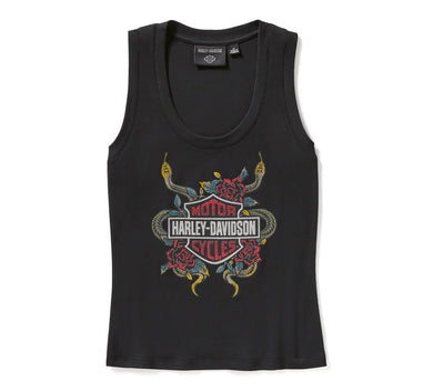 Women's Serpent Rose Bling Ribbed Tank - Harley Black