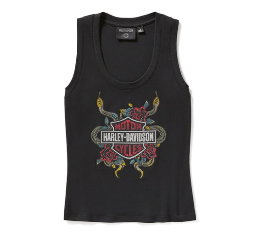 Women's Serpent Rose Bling Ribbed Tank - Harley Black
