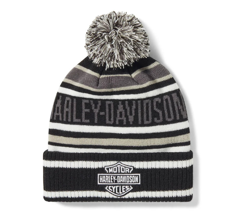 Load image into Gallery viewer, H-D Stripe Pom Beanie - Harley Black &amp; Cloud Dancer
