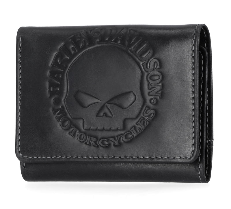 Load image into Gallery viewer, Men's Willie G Skull Snap Tri-Fold Leather Wallet, Black
