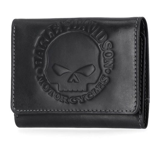 Men's Willie G Skull Snap Tri-Fold Leather Wallet, Black
