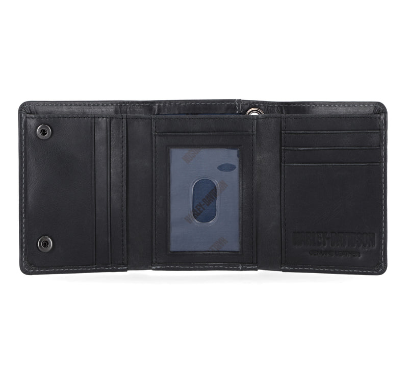 Load image into Gallery viewer, Men's Willie G Skull Snap Tri-Fold Leather Wallet, Black
