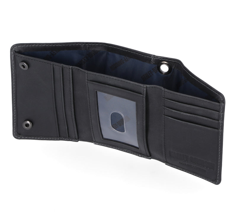 Load image into Gallery viewer, Men's Willie G Skull Snap Tri-Fold Leather Wallet, Black
