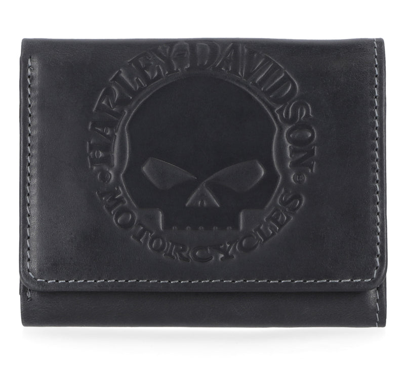 Load image into Gallery viewer, Men's Willie G Skull Snap Tri-Fold Leather Wallet, Black
