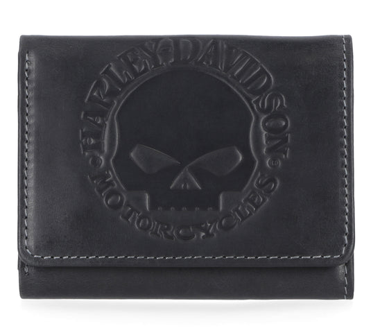 Men's Willie G Skull Snap Tri-Fold Leather Wallet, Black