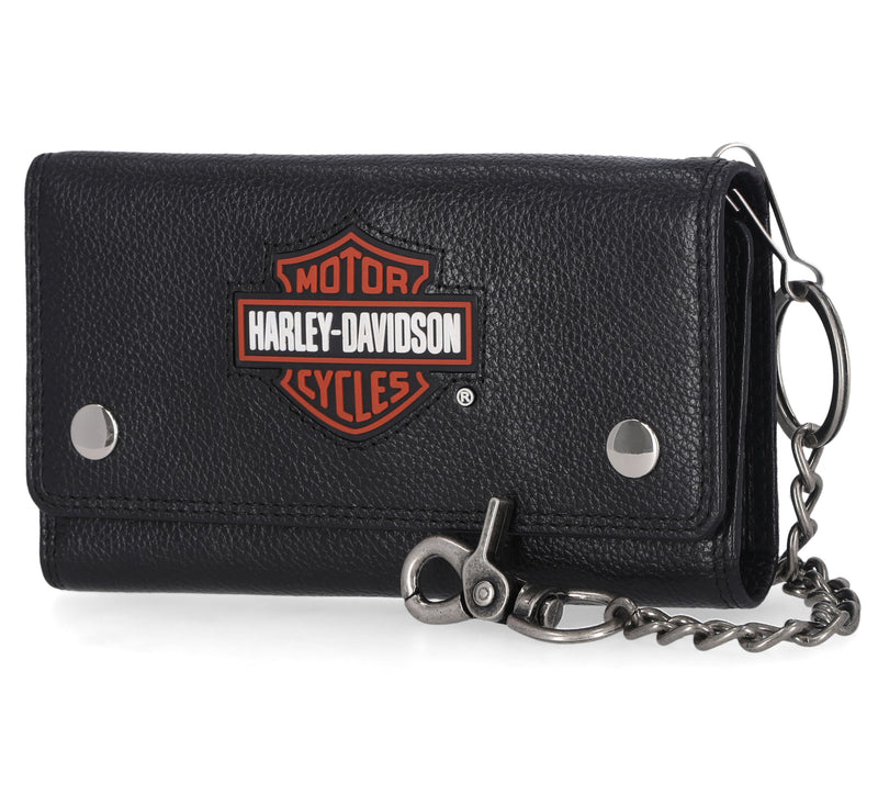 Load image into Gallery viewer, Harley-Davidson® Men&#39;s Bar &amp; Shield Patch Trucker Chain Leather Wallet - Black
