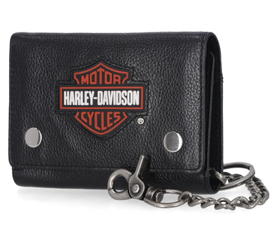 Men's Bar & Shield Patch Tri-Fold Chain Leather Wallet
