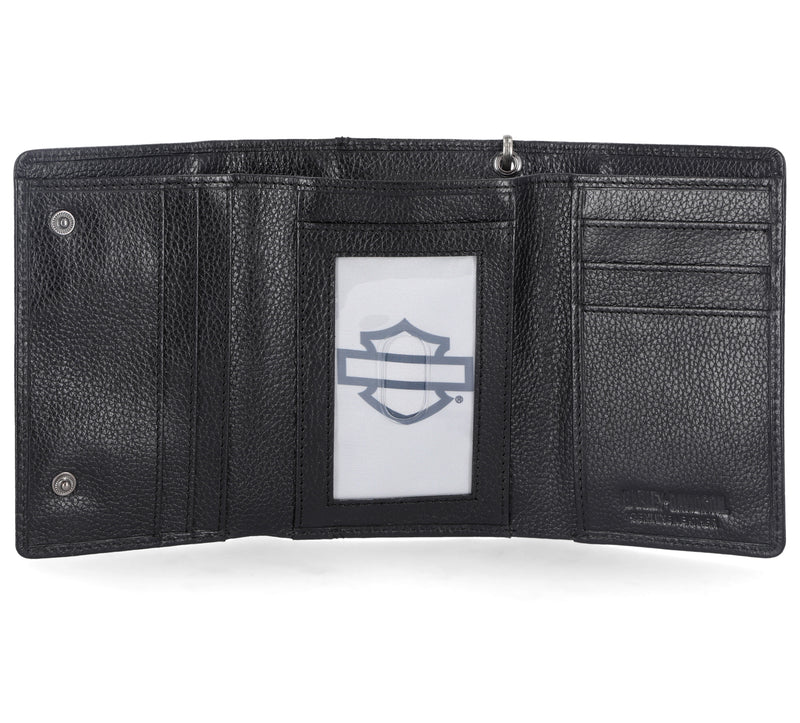 Load image into Gallery viewer, Men&#39;s Bar &amp; Shield Patch Tri-Fold Chain Leather Wallet
